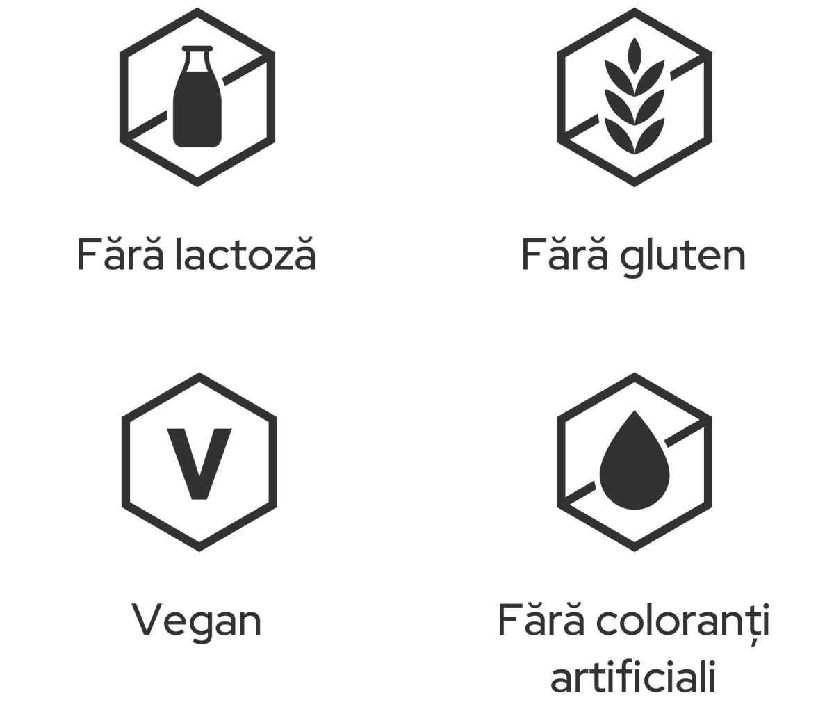 Fără lactoză, fără gluten, vegan, fără coloranți artificiali
